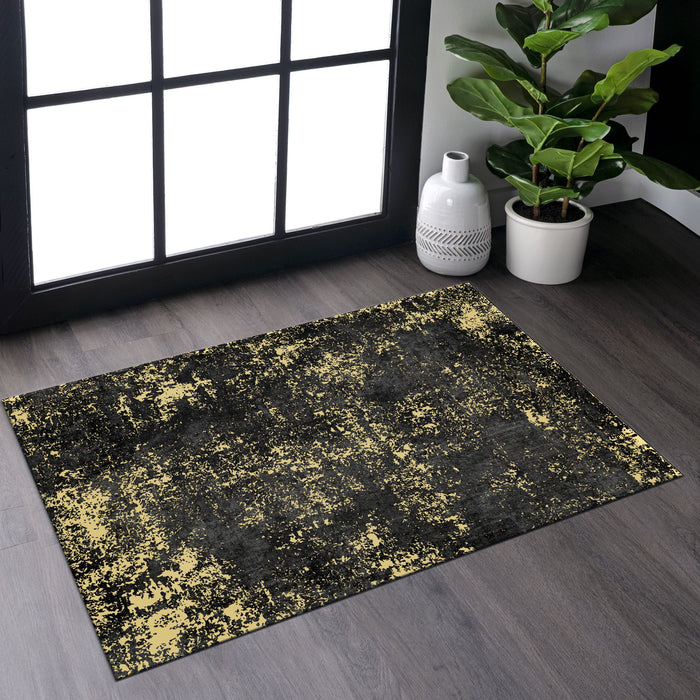 2' x 3' Machine Washable Area Rugs, Low-Pile, Non-Slip, Non-Shedding, Foldable, Kid & Pet Friendly Area Rugs For Living Room, Bedroom, Kitchen, Dining Room Rug, Perfect Gift - Black / Gold