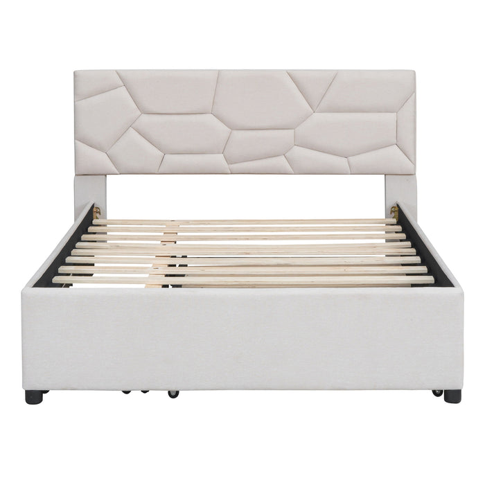 Full Size Upholstered Platform Bed With Brick Pattern Headboard, With Twin Size Trundle And 2 Drawers, Linen