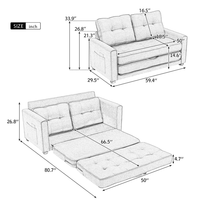 Loveseat Sofa With Pull-Out Bed Modern Upholstered Couch With Side Pocket For Living Room Office