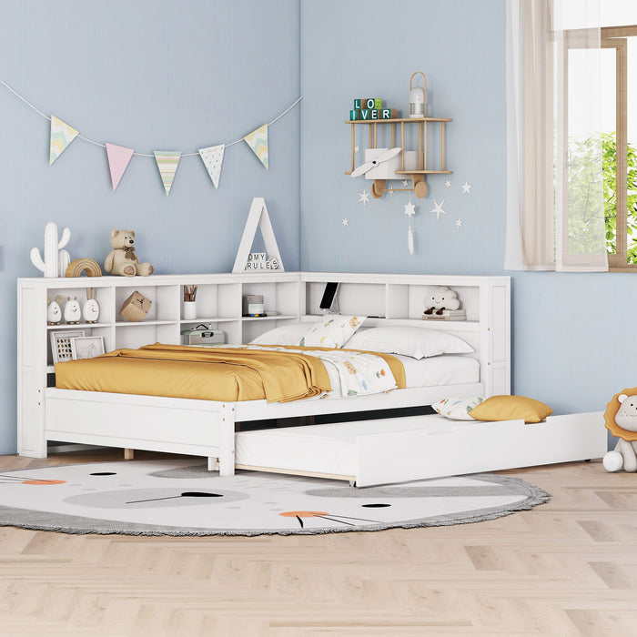 Wooden Full Size Daybed With Twin Size Trundle, Daybed With Storage Shelf And USB Charging Ports - White