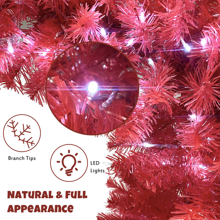 6FT Hinged Fir Bent Top Christmas Tree with LED Lights - Red