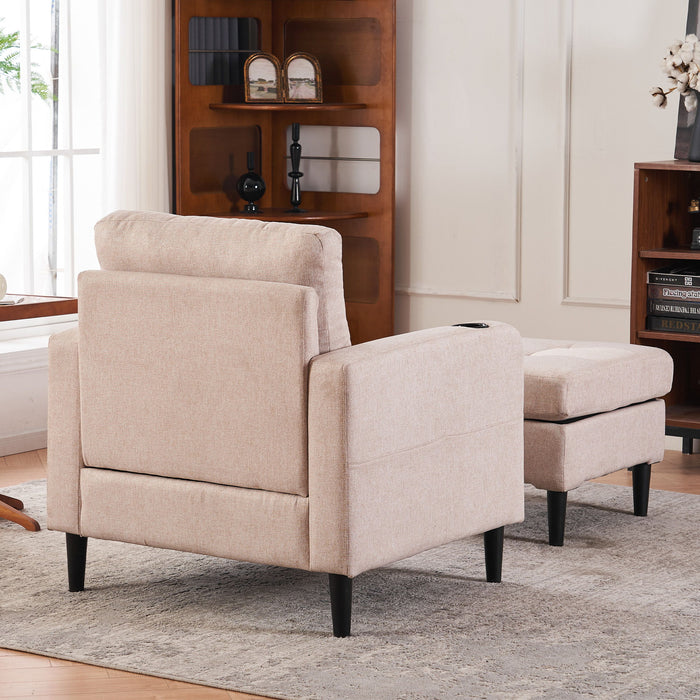 Upholstered Armchair And Storage Ottoman Set, Comfortable Single Sofa With Cup Holders And Tufted Detailing, Ideal For Living Room Or Bedroom