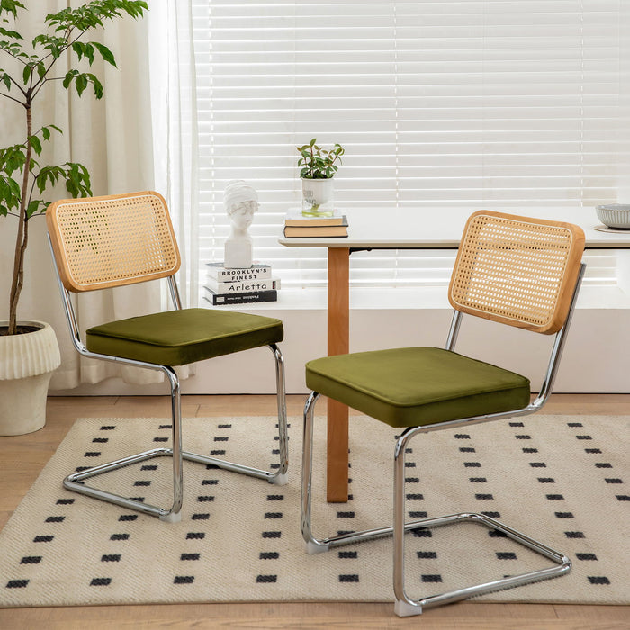 Dining Chairs (Set of 2), Velvet Rattan Side Accent Chairs With Chrome Legs, Modern Mid-Century Breuer Designed Chairs, Upholstered Dining Living Room Kitchen Chairs