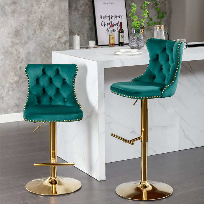 Golden Swivel Velvet Barstools, Green (Set of 2）