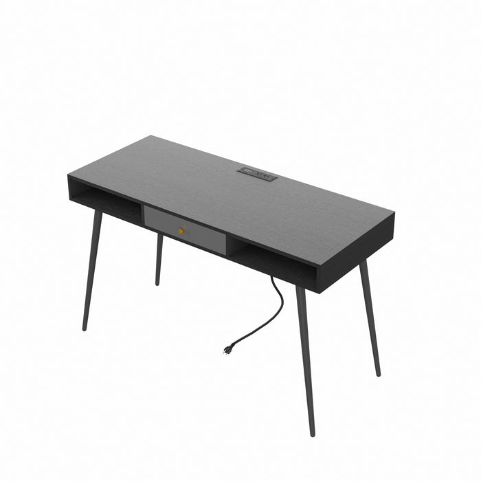 Mid Century Desk with USB Ports and Power Outlet - Black