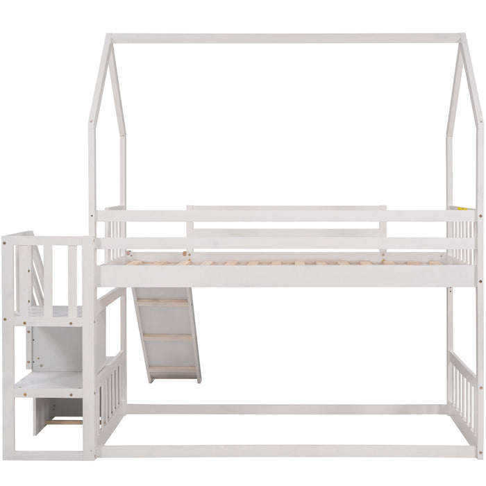 Twin over Twin House Bunk Bed with Convertible Slide, Storage Staircase -White