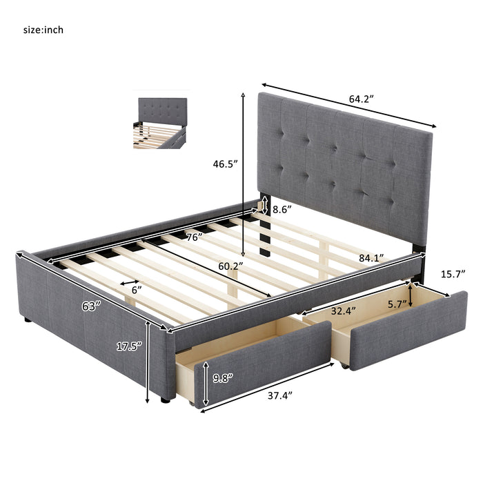 Queen Size Linen Upholstered Platform Bed With Headboard and Two Drawers, Gray