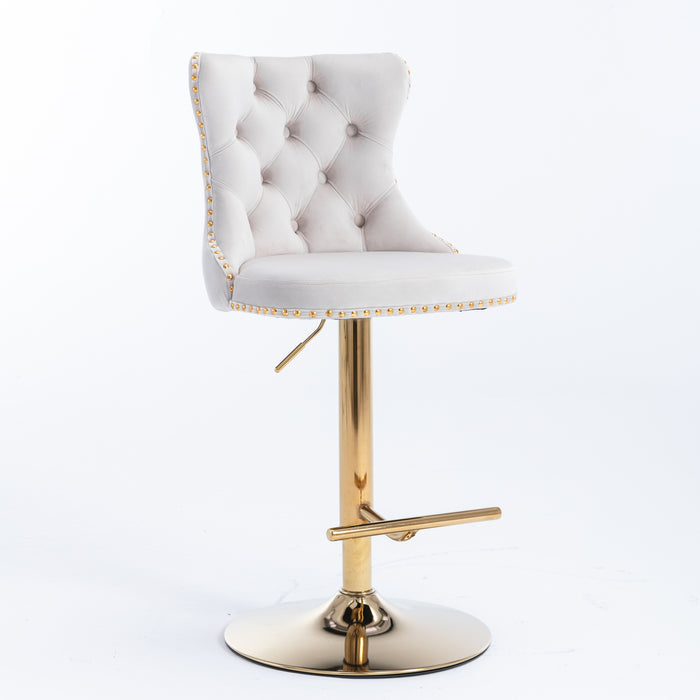 Golden Swivel Velvet Barstools, Beige (Set of 2）