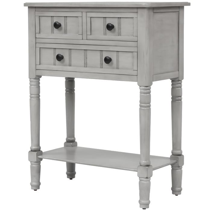 Narrow Console Table with Three Storage Drawers and Bottom Shelf - Gray Wash