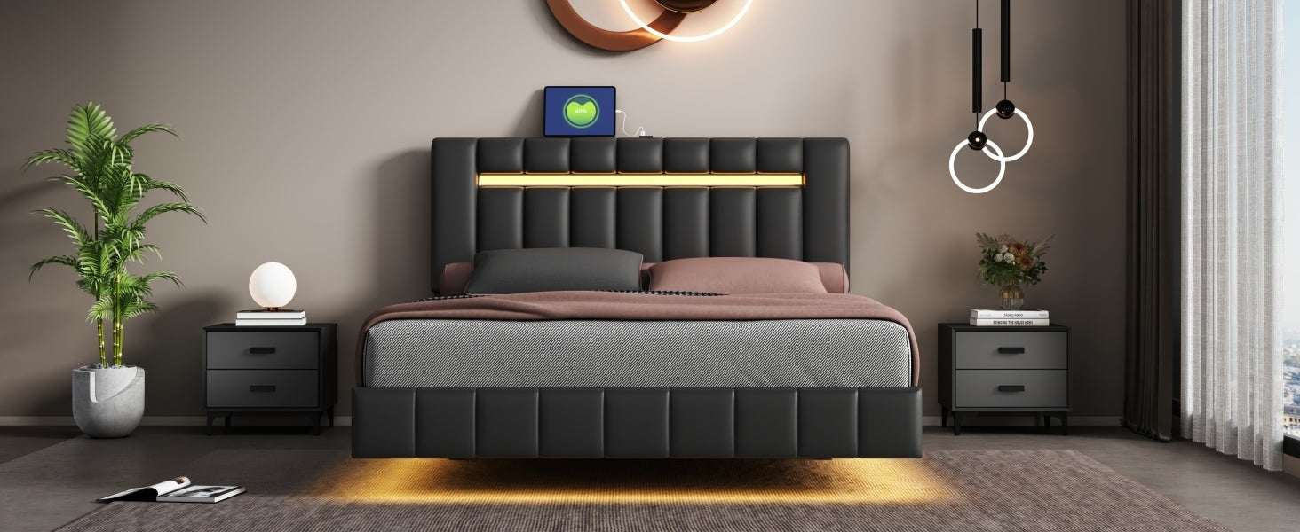 Queen Size Modern Upholstered Platform LED Bed  with LED Lights and USB Charging - Black