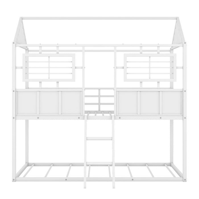 Twin over Twin Size Metal Low Bunk Beds with Roof and Fence-shaped Guardrail, White