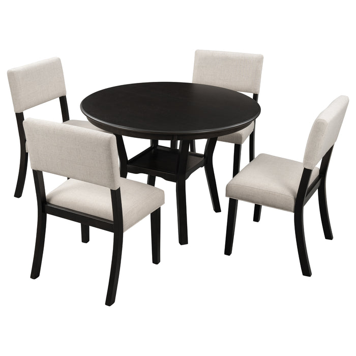 5-Piece Kitchen Dining Table Set Round Table with Bottom Shelf - Espresso