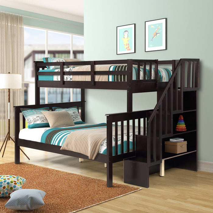 Stairway Twin-Over-Full Bunk Bed with Storage and Guard Rail - Espresso