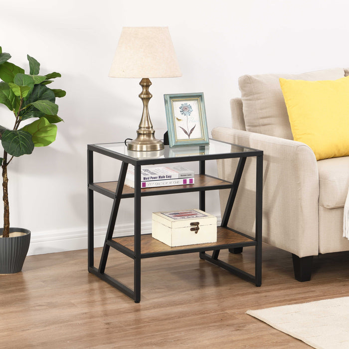 Black Side End Table with Storage Shelf, Tempered Glass