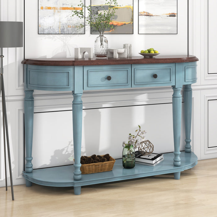 Retro Circular Curved Design Console Table with Open Style Shelf - Cherry + Antique Blue