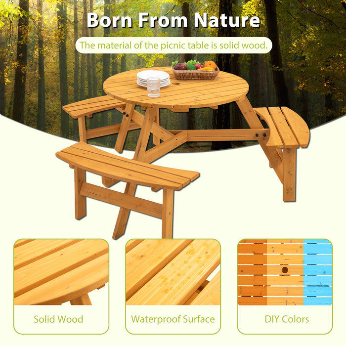 6-Person Circular Outdoor Wooden Picnic Table  - Natural