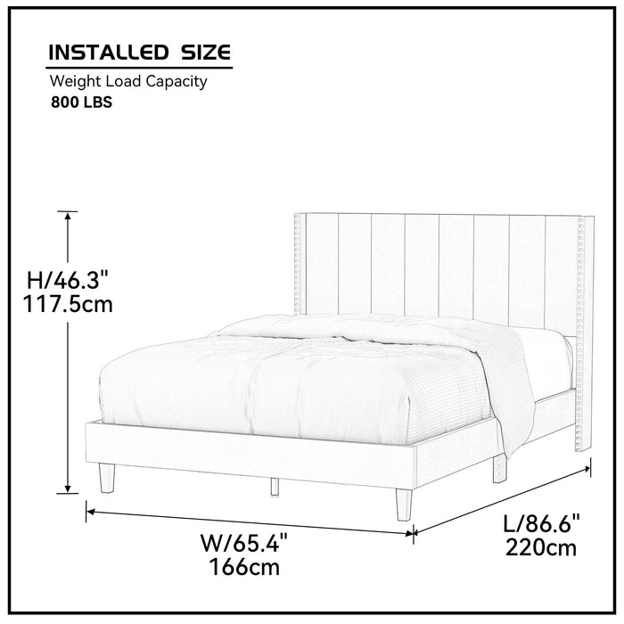 Queen Size Velvet Upholstered Bed Frame with Vertical Channel Tufted Headboard - Beige