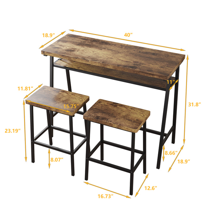 3-Piece Modern  Bar table Set - Black Frame + Brown panel