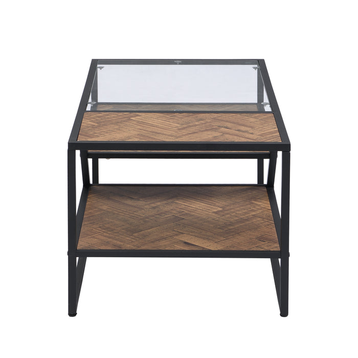 Black Side End Table with Storage Shelf, Tempered Glass