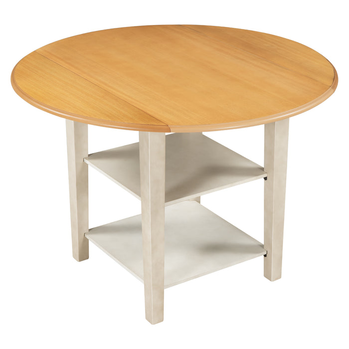 Farmhouse Round Kitchen Dining Table with Drop Leaf  and  2-tier Shelves