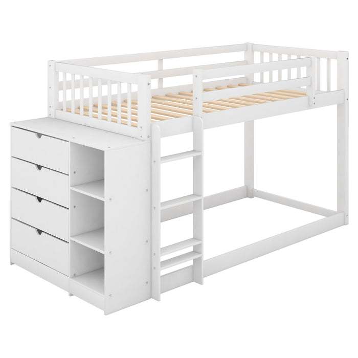 Twin over Twin Bunk Bed with Attached Cabinet and Shelves Storage - White