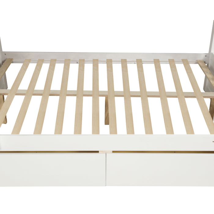 Solid Wood Twin Over Full Bunk Bed with Two Storage Drawers - White