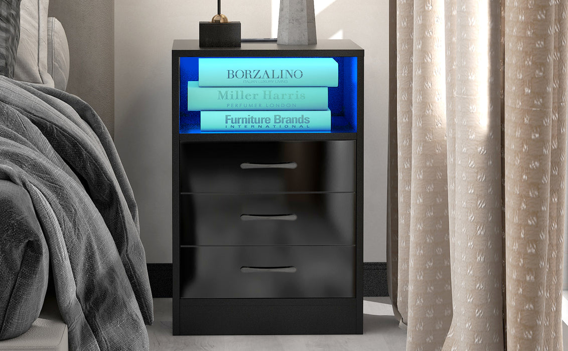 Nightstand with 3 Drawers and USB Charging Ports,Wireless Charging and Remote Control LED Light-Blac, k