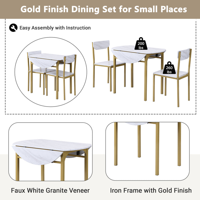 3-Piece  Modern Round Dining Table Set with Drop Leaf - Golden Frame + Faux White Granite Finish