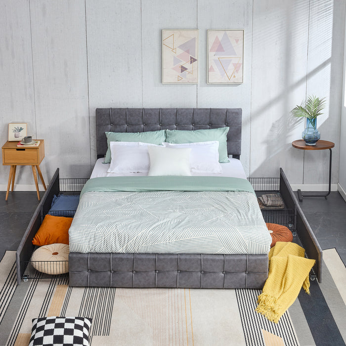 Hot Sale Queen Size Dark Grey Upholstered Platform Bed Frame  with Storage Drawers