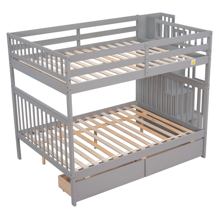 Full Over Full Bunk Bed with 2 Drawers and Staircases - Grey