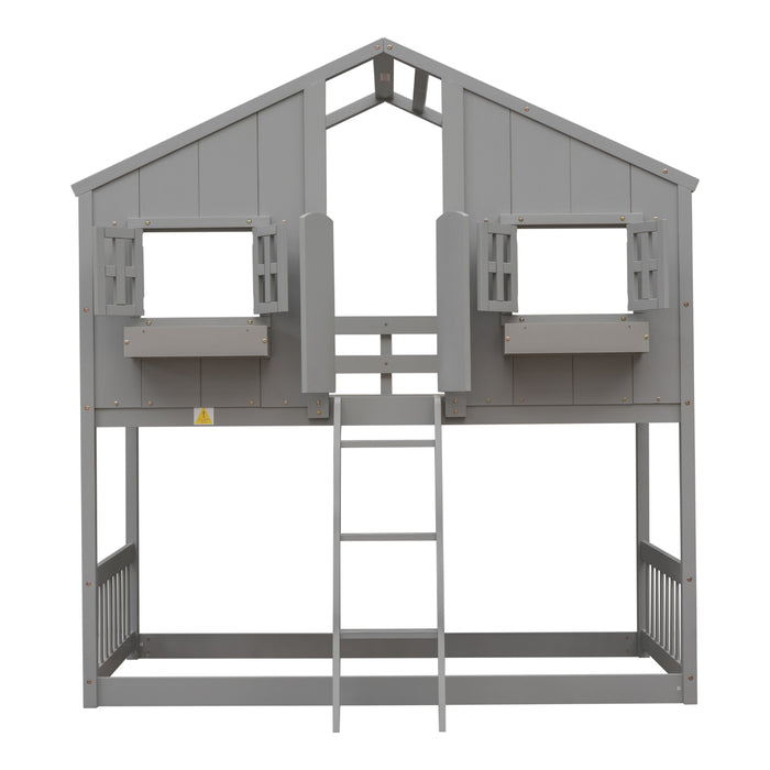 Twin over Twin House Bunk Bed with Roof & Windows - Grey