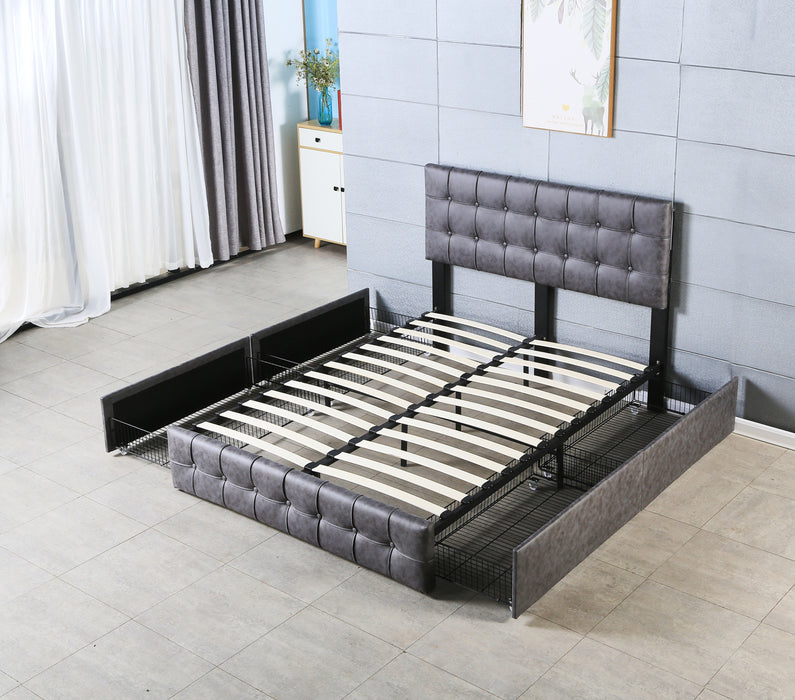 Hot Sale Queen Size Dark Grey Upholstered Platform Bed Frame  with Storage Drawers