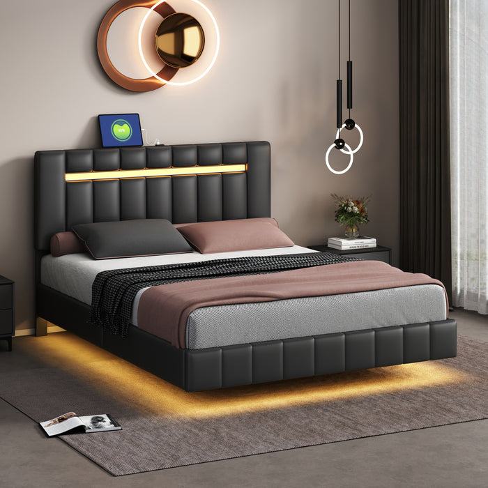 Queen Size Modern Upholstered Platform LED Bed  with LED Lights and USB Charging - Black