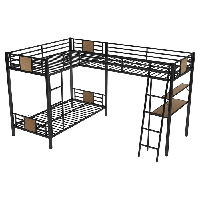 L-Shaped Twin over Twin Bunk Bed with Twin Size Loft Bed - Brown