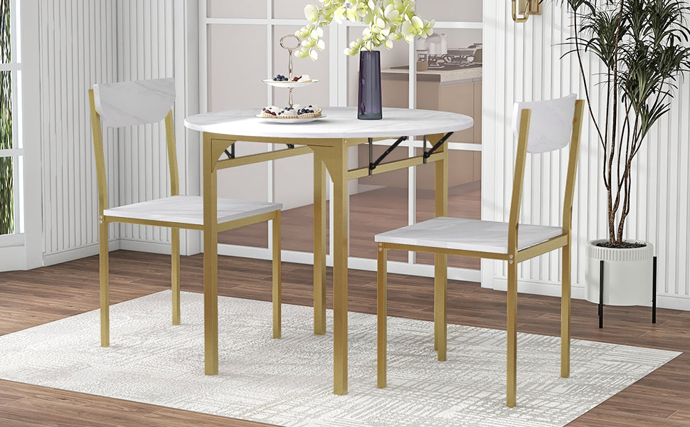 3-Piece  Modern Round Dining Table Set with Drop Leaf - Golden Frame + Faux White Granite Finish