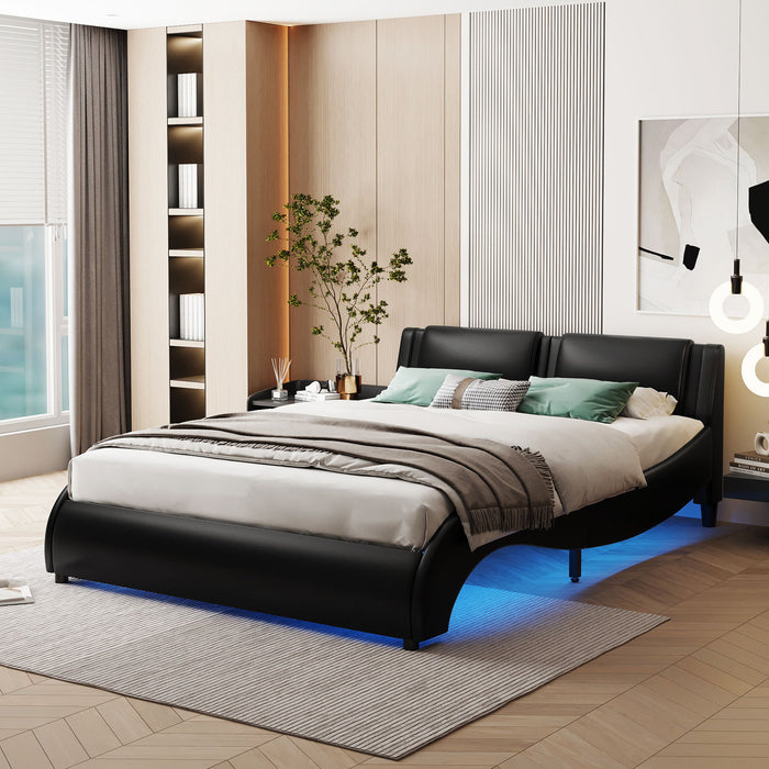 Full Size Upholstered Faux Leather Platform Bed with LED Light Bed Frame - Black