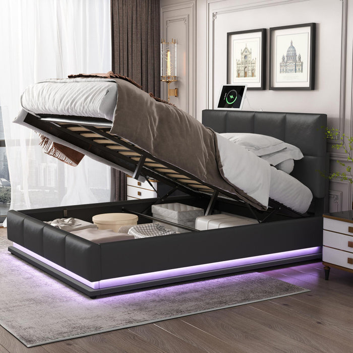 Queen Tufted Upholstered  Storage Platform Bed  with LED Lights and USB charger - Black