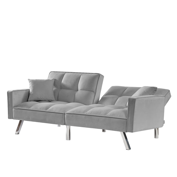 Modern Velvet Sofa  Bed with Armrests and 2 Pillows - Light Grey