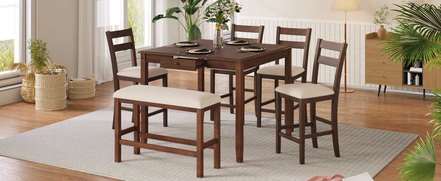 6-Piece Wood Dining Table Set with Storage Drawer - Walnut