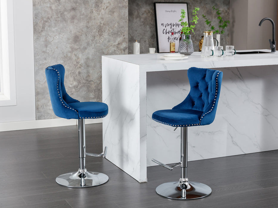 Swivel Velvet Barstools, Blue (Set of 2）