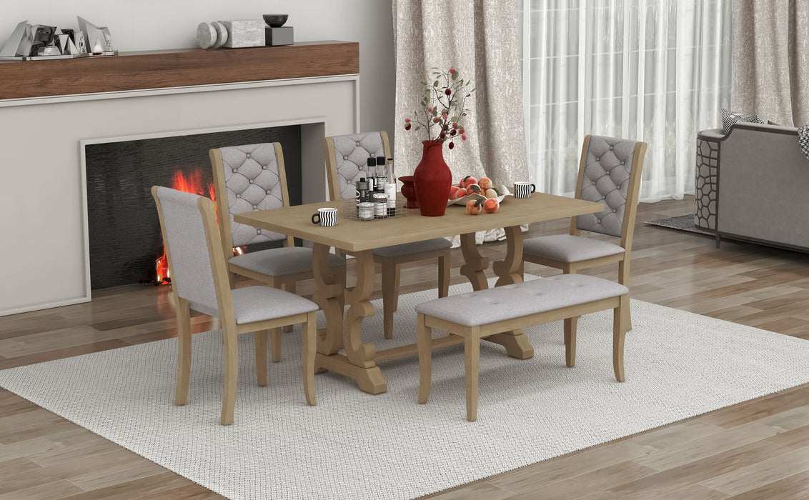 6-Piece Retro Dining Set with Unique-designed Table Legs - Beige Wash