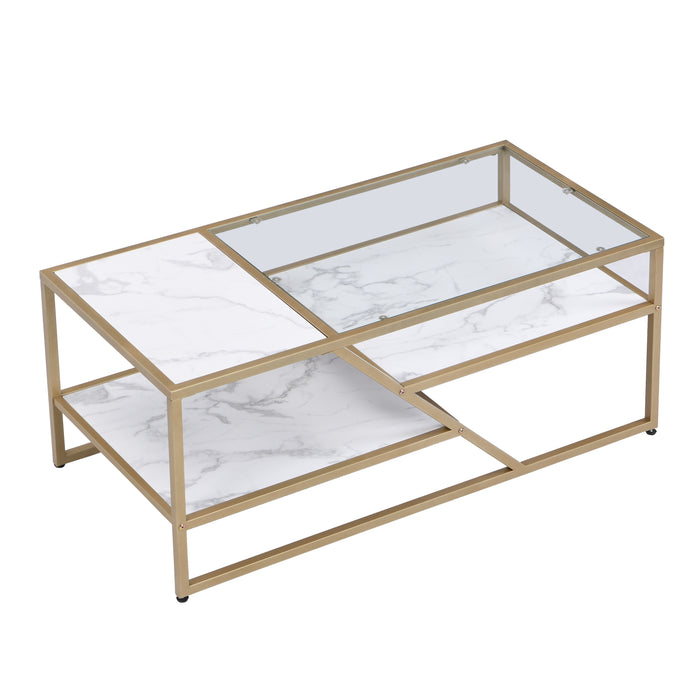 Modern Coffee Table with Storage Shelf and Tempered Glass for Living Room & Bedroom - Golden