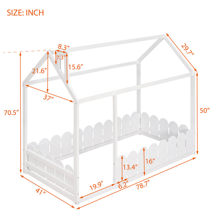 Twin Size Wood Bed House with Fence (White )（Slats are not included)