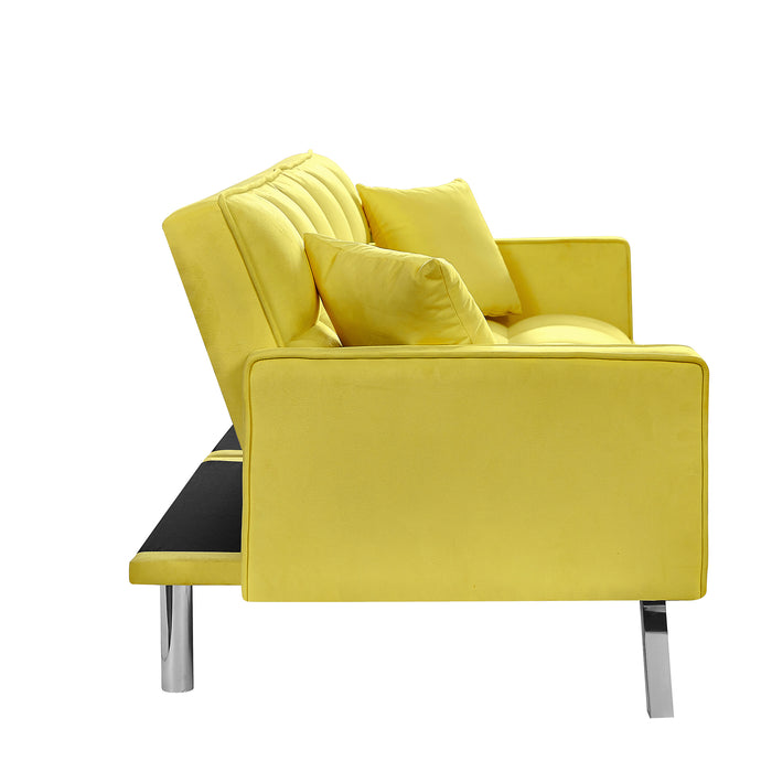 Modern Velvet Sofa Bed with Armrests and 2 Pillows - YELLOW