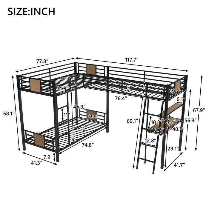 L-Shaped Twin over Twin Bunk Bed with Twin Size Loft Bed - Brown