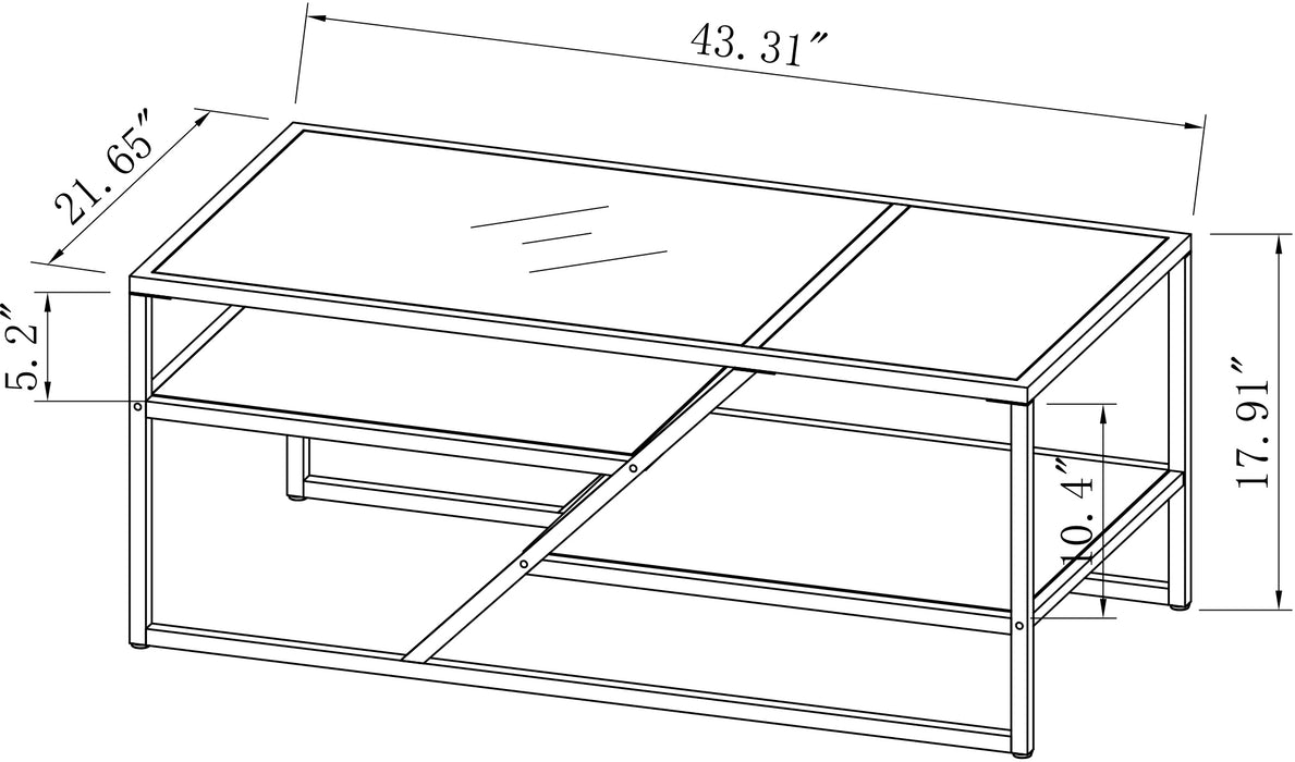 Black Coffee Table with Storage Shelf - Tempered Glass