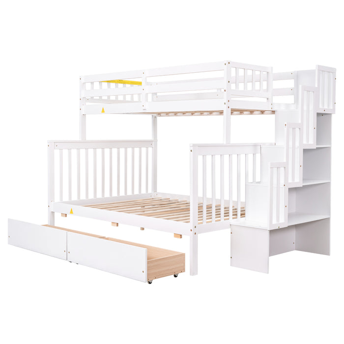 Twin Over Full Bunk Bed with 2 Drawers and Staircases - White