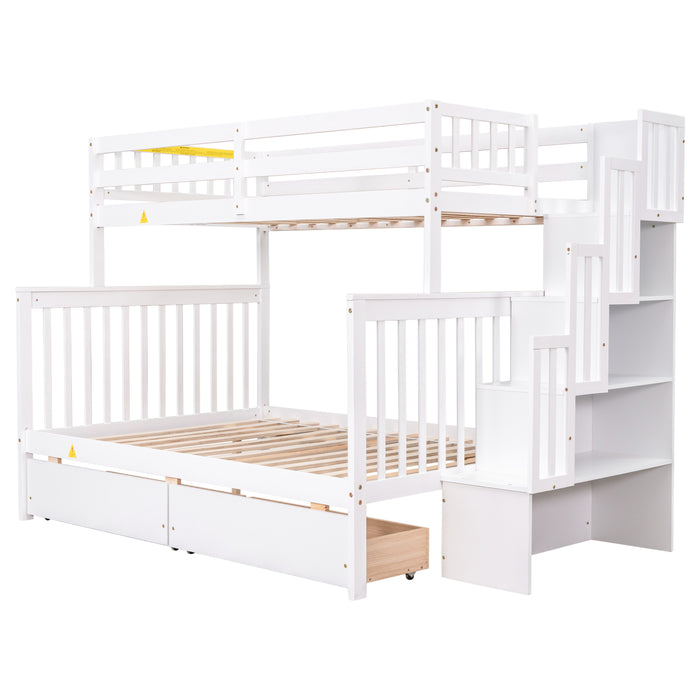 Twin Over Full Convertible Bunk Bed with 2 Drawers and Staircases - White