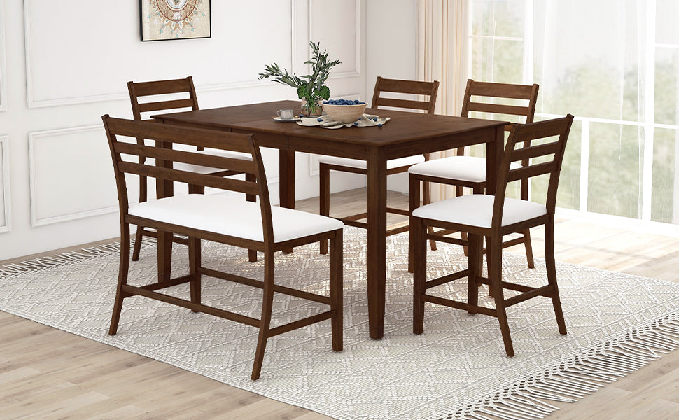 6-Piece Farmhouse Extendable Counter Height Dining Table Set - Brown Walnut + Beige