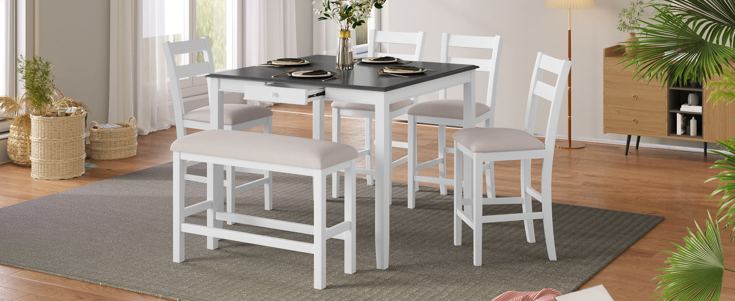 6-Piece Wood Dining Table Set with Storage Drawer - White